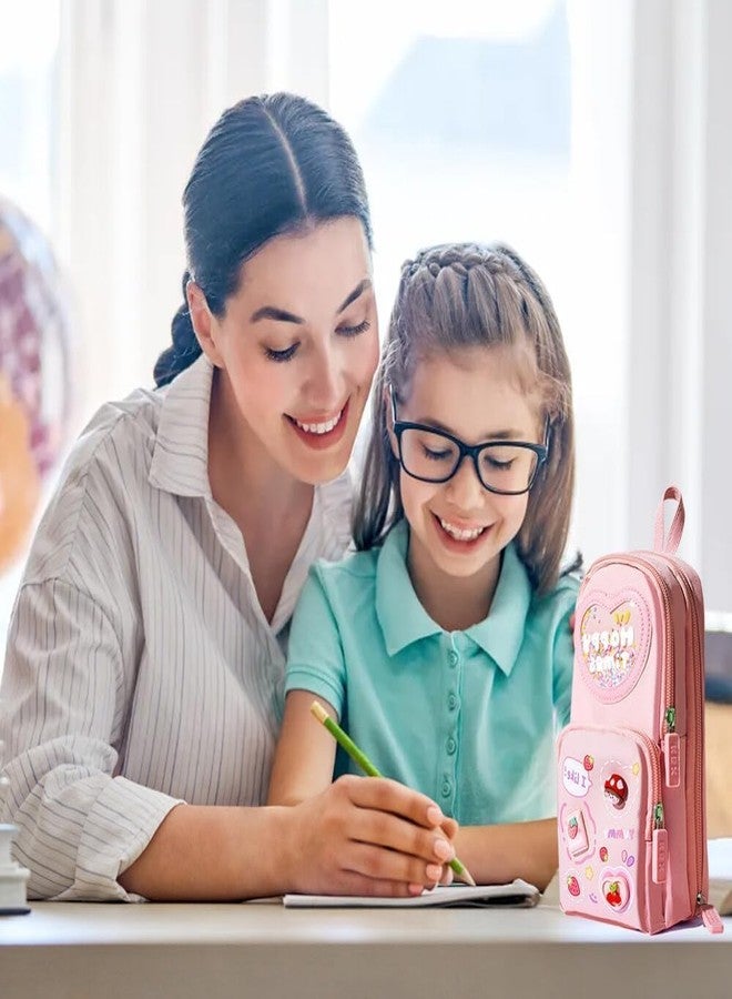 سيميكسيسن مقلمة سيمكسن بريميوم بثلاثة أقسام، حقيبة أقلام كبيرة السعة، حقيبة أقلام هابي تايم للأطفال، حقيبة أدوات مكتبية متعددة الوظائف لطالبات المدارس (هابي تايم) (وردي) - Image 4